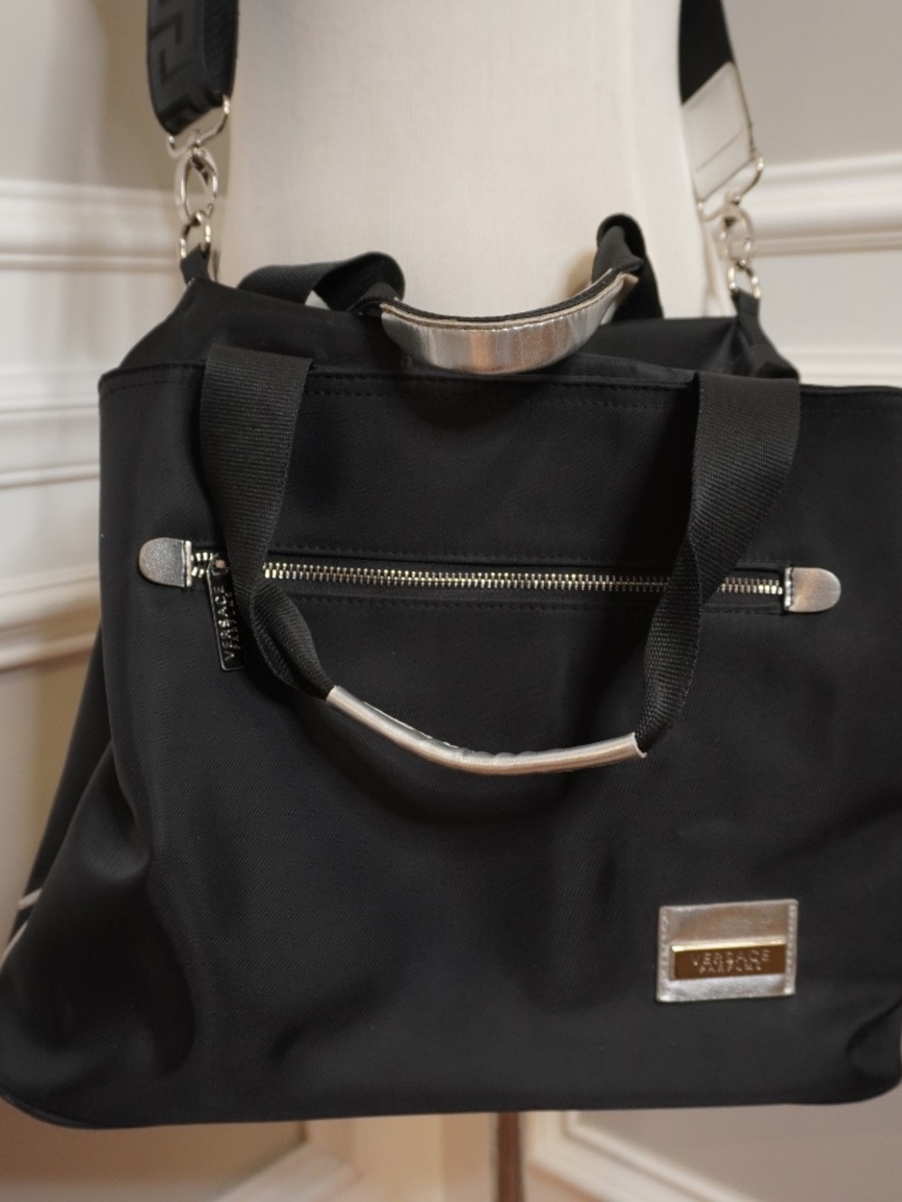 Versace Fragrance Tote Bag Black & Silver Key Logo Strap